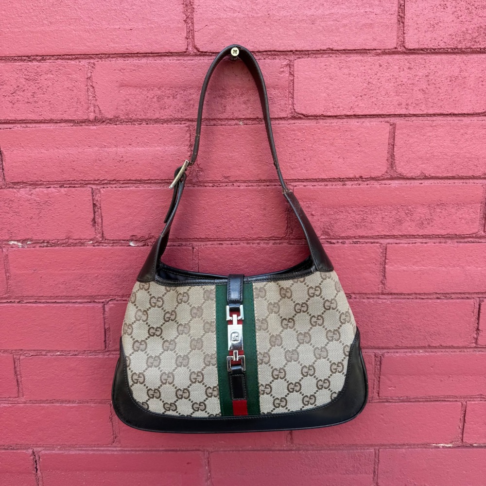 Gucci Jackie O Hobo Bag GG Monogram Canvas Leather Green Red Web Stripe FLAW
